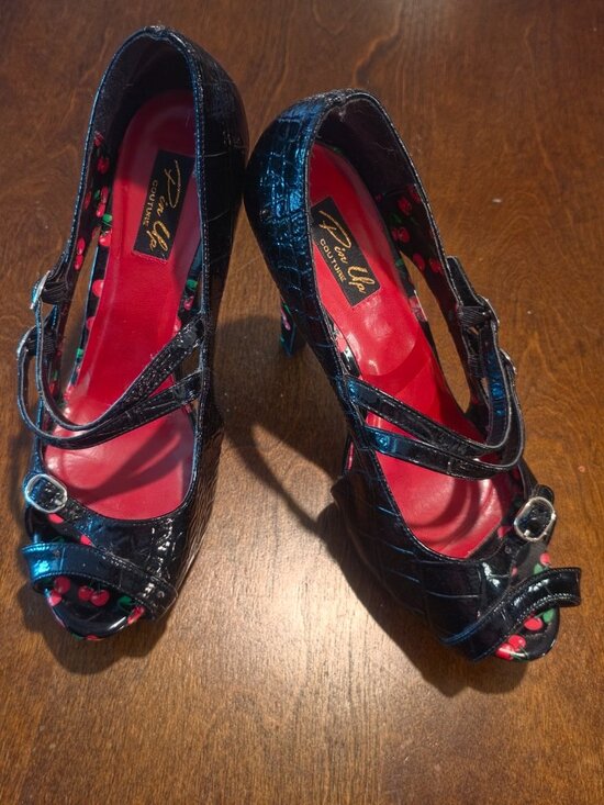 Pinup Couture Shoes - Pin‑Up Couture Black Croc Peep‑Toe Heels — Cherry Lining — Double Buckle Straps